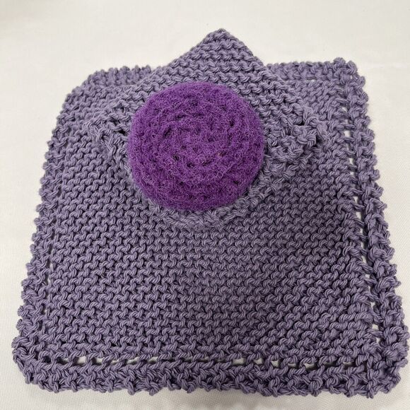 Hand Knit Dish Cloth Set of 2 Plus Scrubbie 100% Cotton Purple Kitchen Gift - Picture 2 of 6